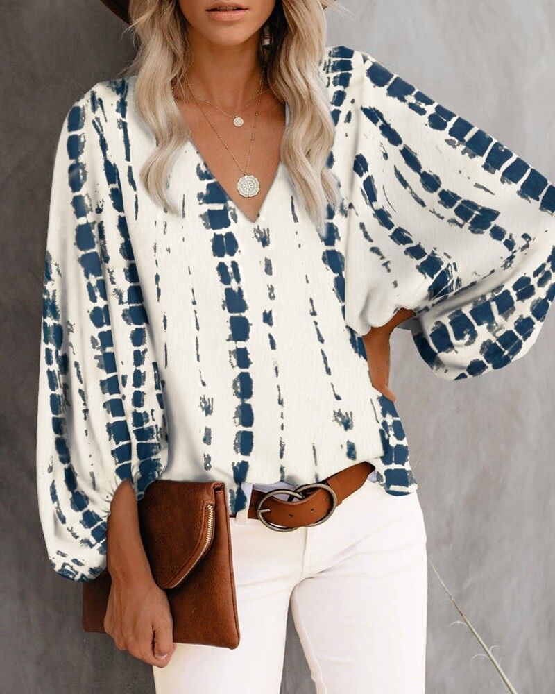 V-Neck Balloon Sleeve Floral Tops