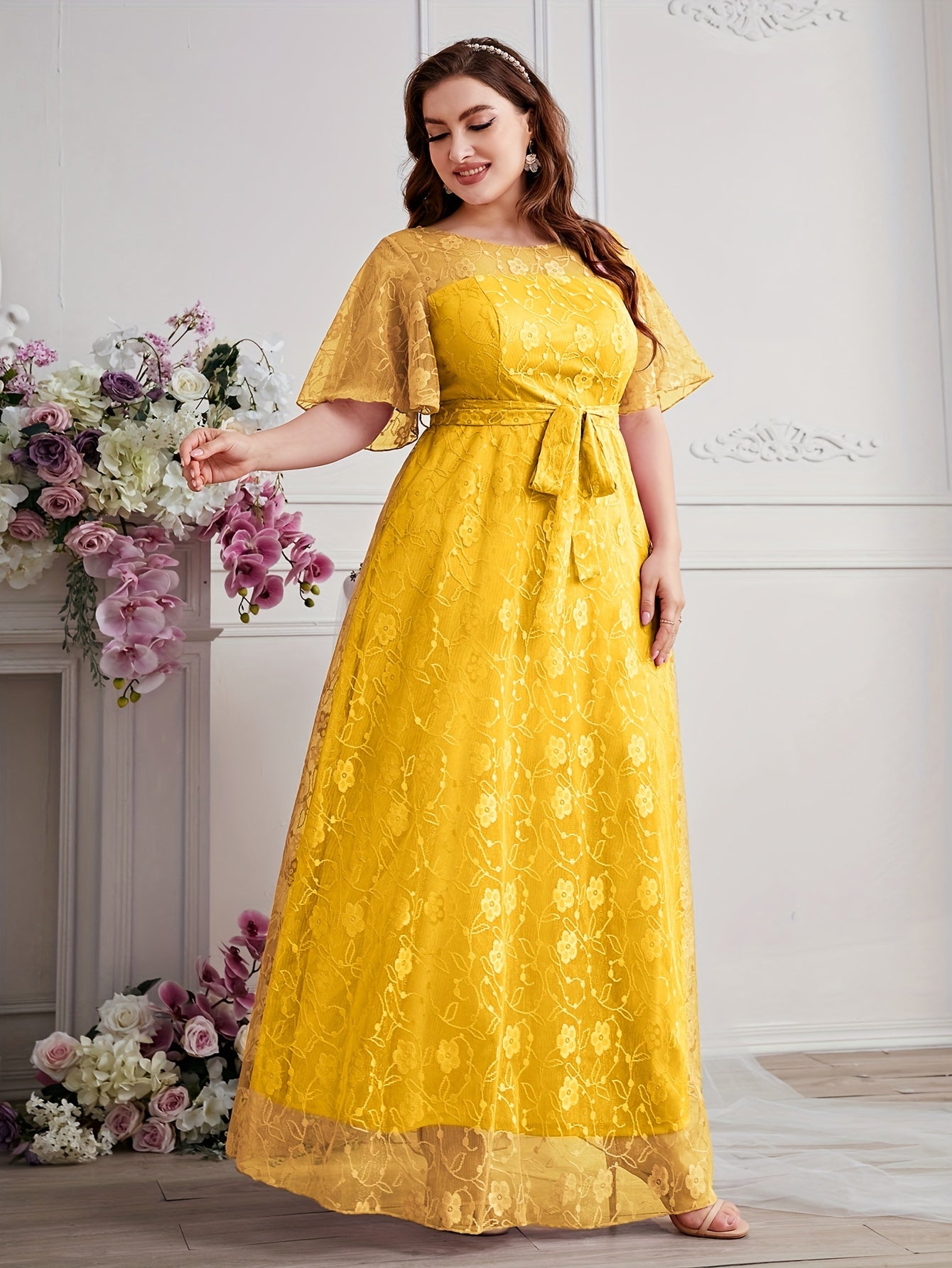 Elegant High Waist Lace Round Neck Half Flutter Sleeve Solid Color Formal Floor Length Dress