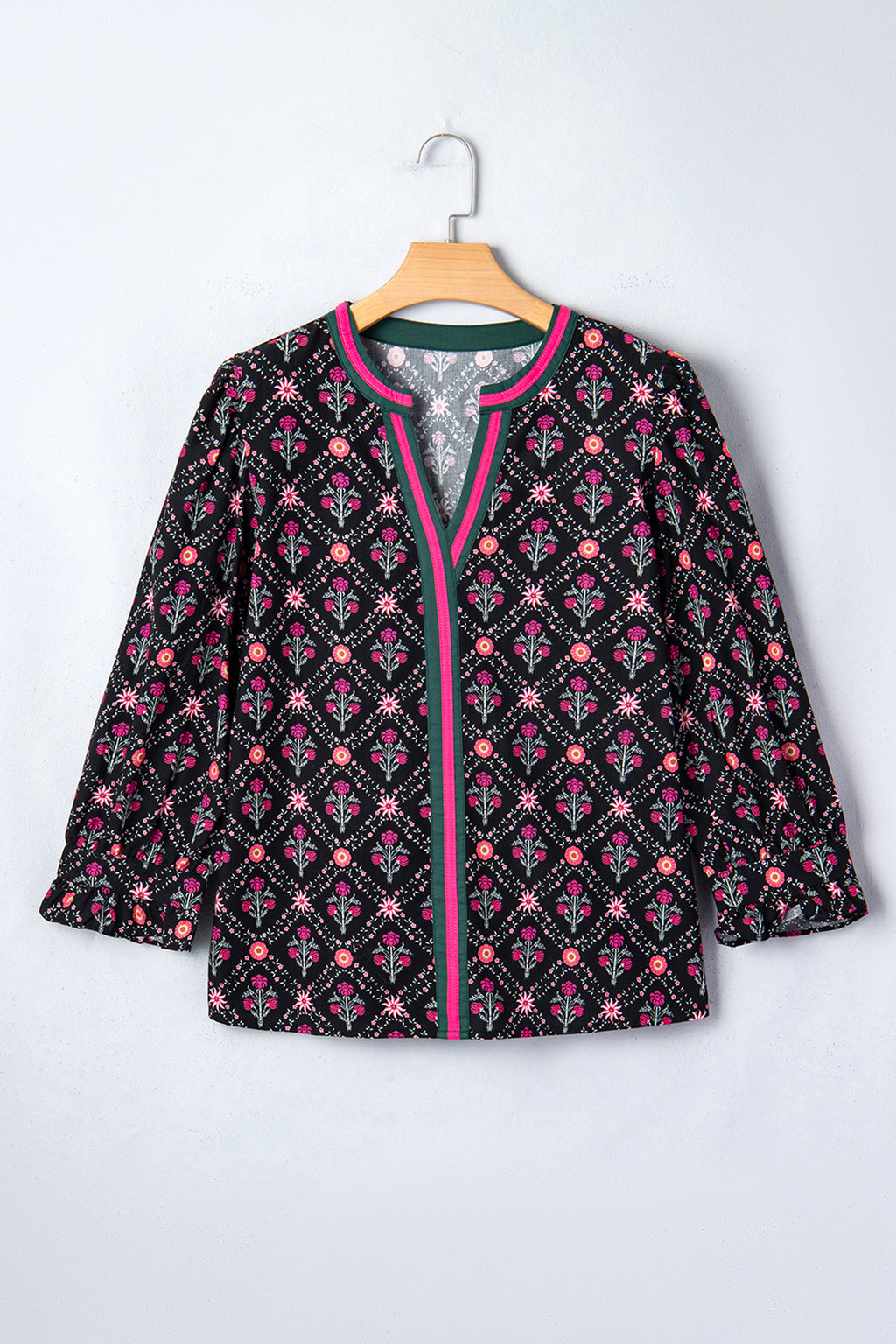 Black Contrast V Neck Bracelet Sleeve Floral Blouse