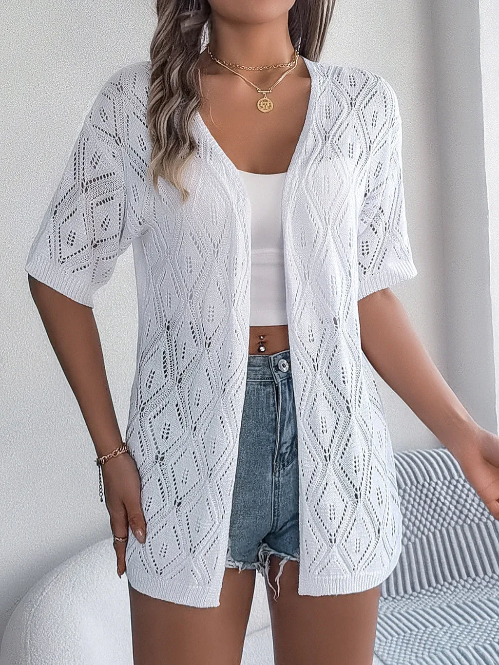 Openwork Open Front Half Sleeve Cardigan Trendsi Openwork Open Front Half Sleeve Cardigan
