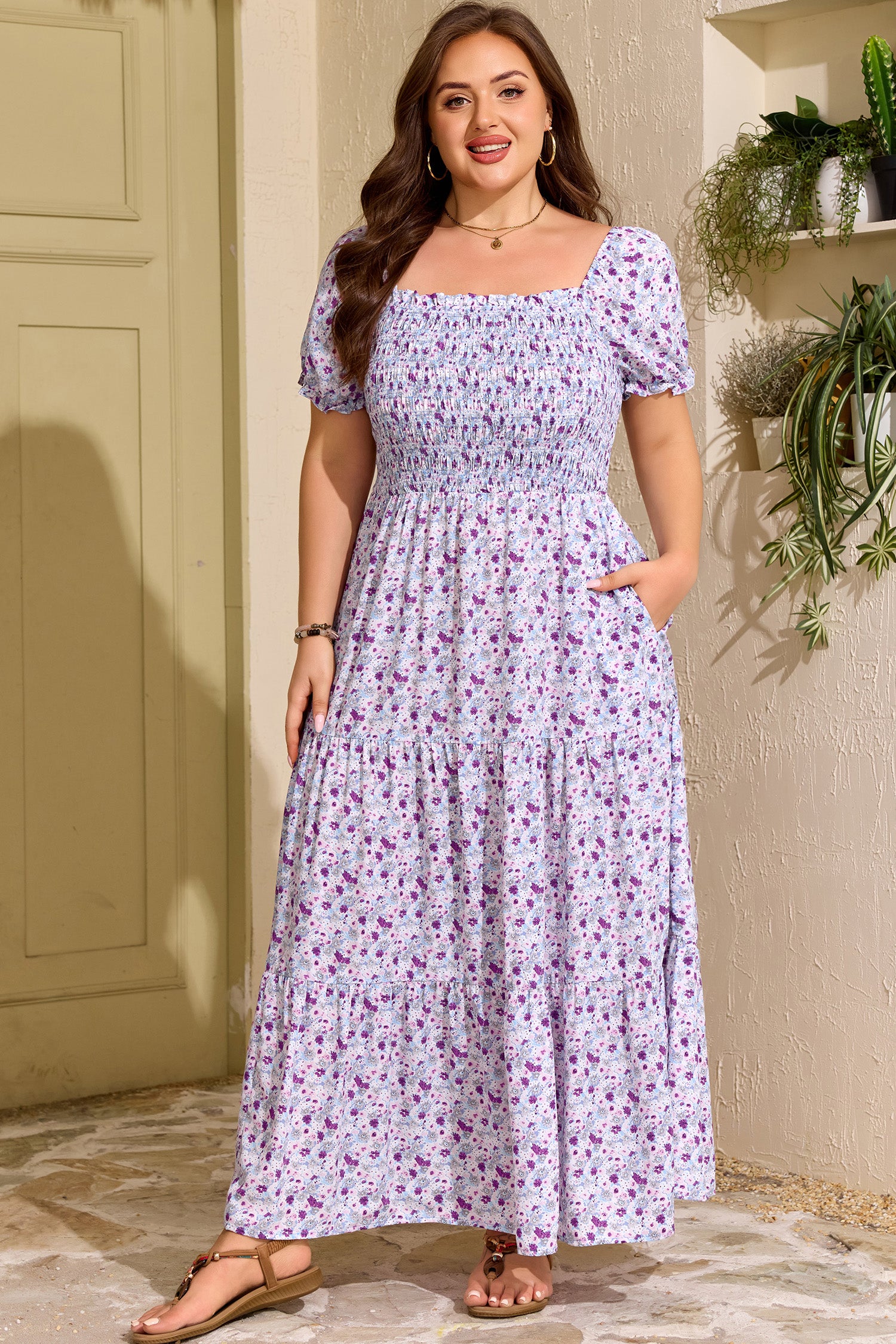 Plus Size Purple Floral Smocked Maxi Dress – Square Neck Puff Sleeve Dress Dear-Lover Dropshipping Plus Size/Plus Size Dresses/Plus Size Maxi Dresses