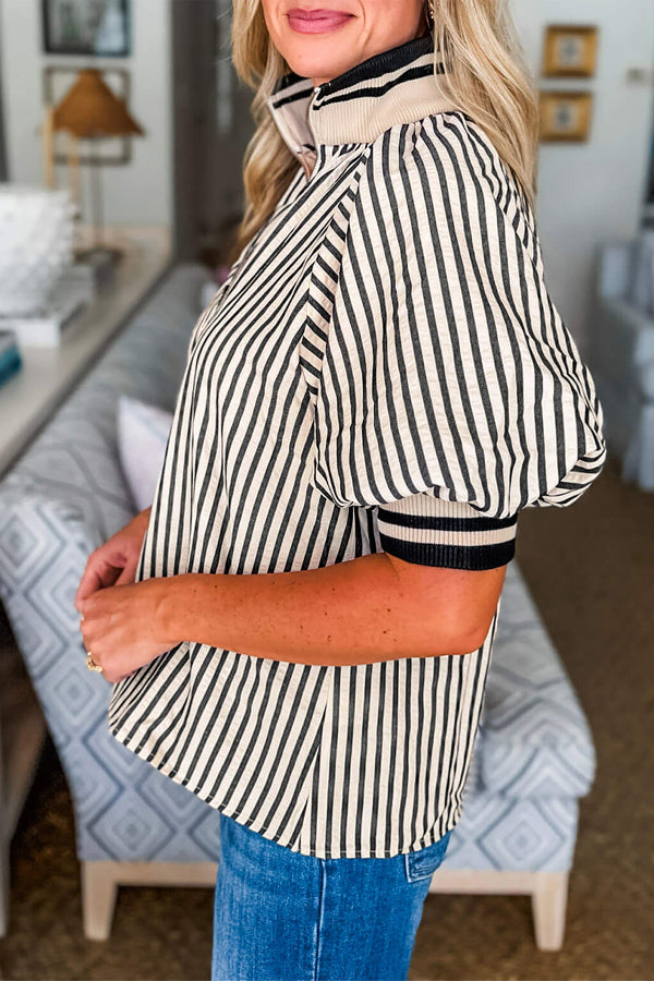 B&W Stripe Polo Collar Half Zip Short Puff Sleeve Blouse Bazaare Mart Tops/Blouses & Shirts