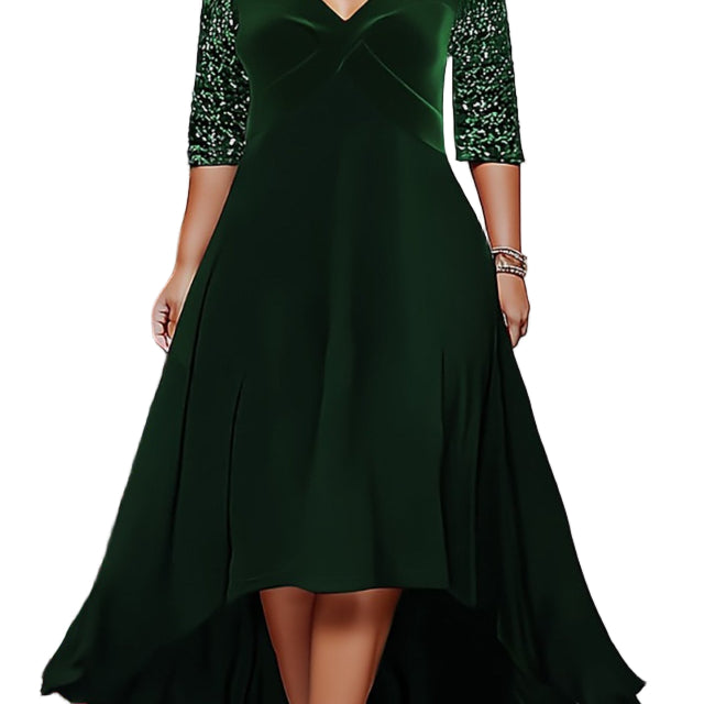 Elegant Sweetheart Neck 3/4 Sequin Sleeve Velvet High Low Midi Dress