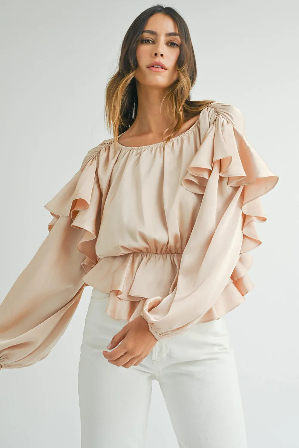 Oatmeal Ruffled Peplum Blouse Bazaare Mart Tops/Blouses & Shirts