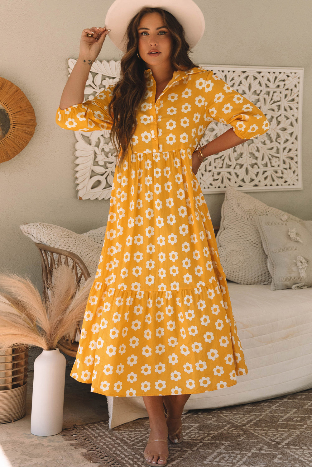 Yellow Flower 3/4 Sleeve Buttons Collared Maxi Dress