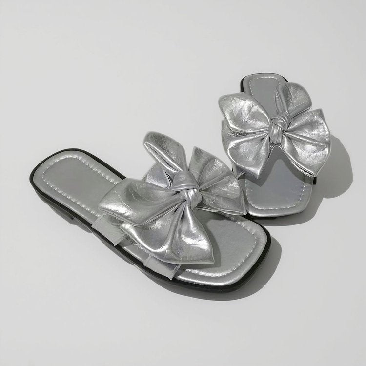 Big Bow Slip-On Slide Sandals CJ Dropshipping Silver Floral Flat Sandal