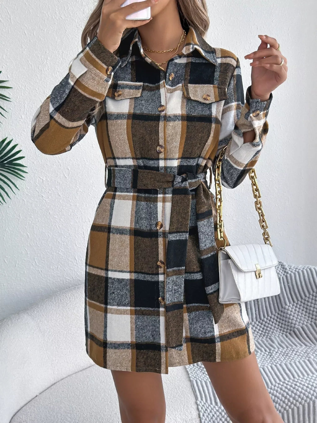 Plaid Button Front Tie Waist Mini Shirt Dress Bazaare Mart Plaid Long Sleeve Shirt Dress