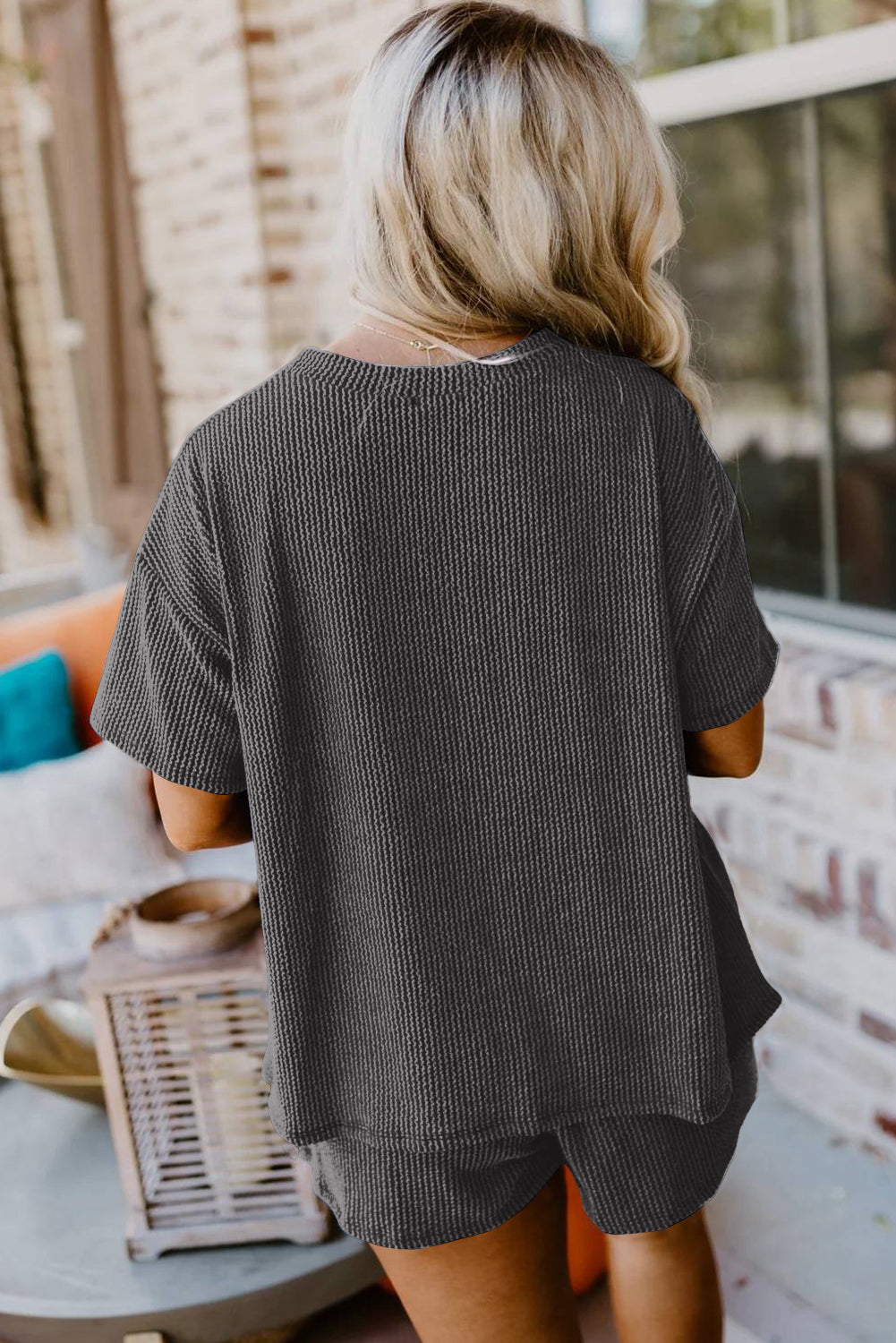 Carbon Grey Ribbed Knit Loose Fit Shorts Set