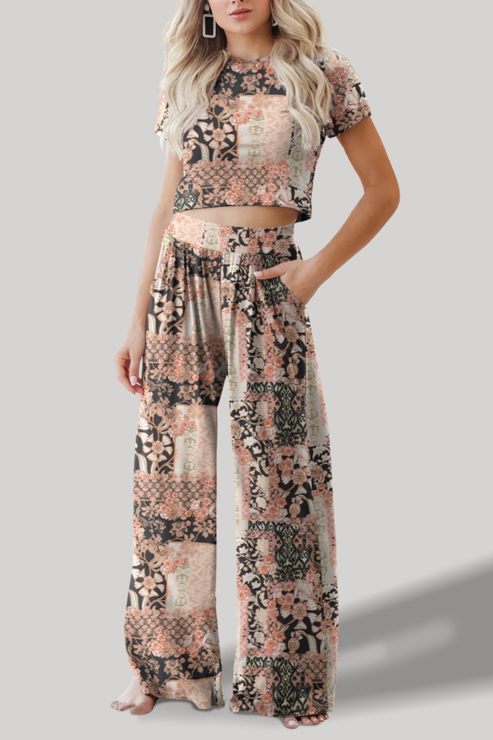 Patchwork Floral Short Sleeve Wide Leg Pants Set