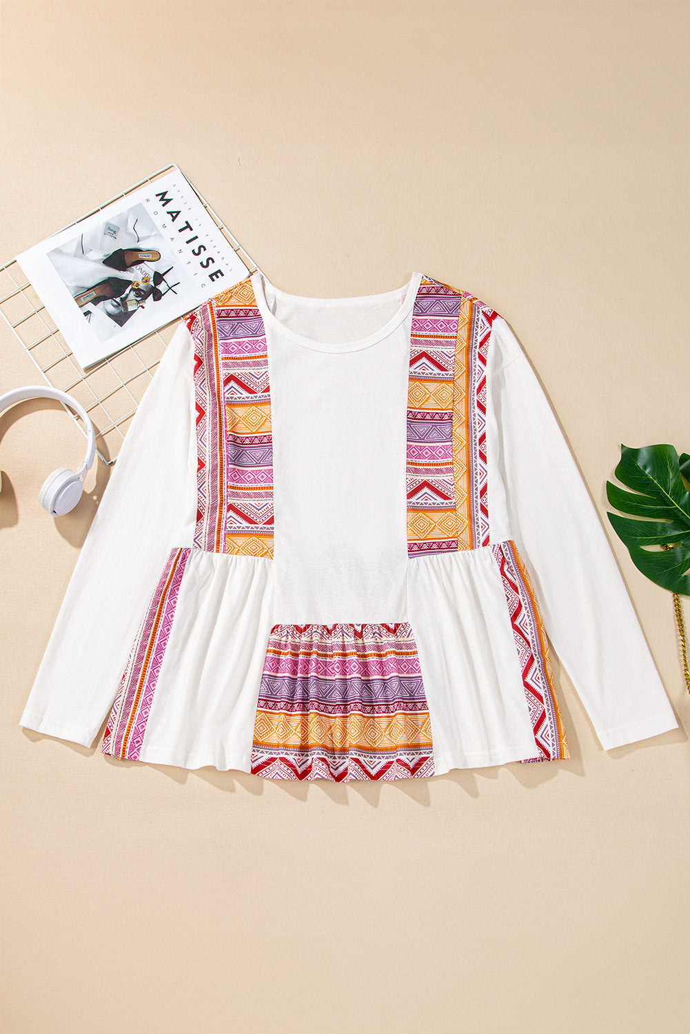 Ivory & Aztec Print Colorblock Long Sleeve Top