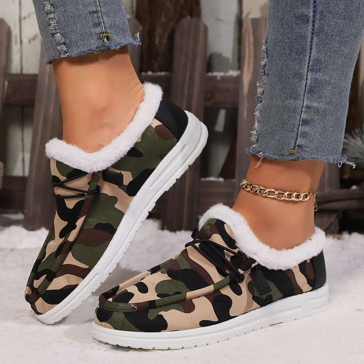 Green Camouflage Round Toe Fur Lined Slip On Shoes