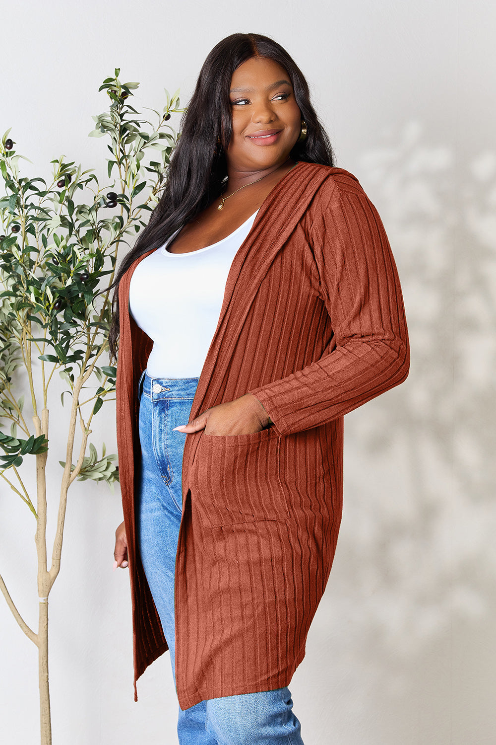 Plus Size Long Hooded Sweater Cardigan