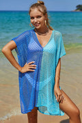 Openwork Contrast Slit Knit Cover Up Blue One Size Trendsi Two Tone Knit Cover Up