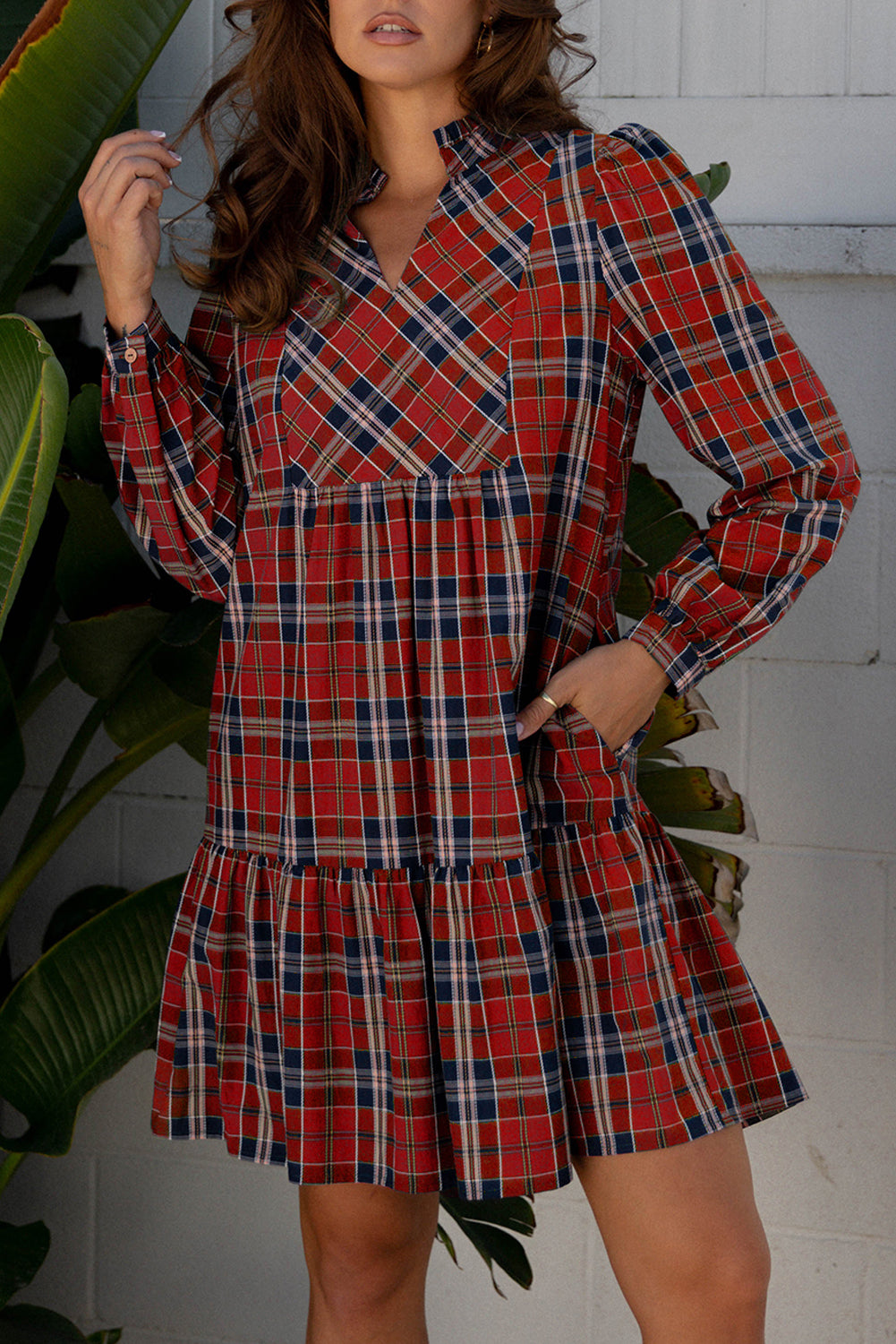 Red Plaid Long Sleeve Mini Dress Dear-Lover Dropshipping Dresses/Mini Dresses