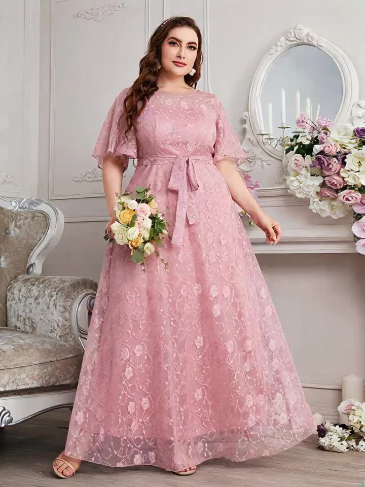 Elegant High Waist Lace Round Neck Half Flutter Sleeve Solid Color Formal Floor Length Dress