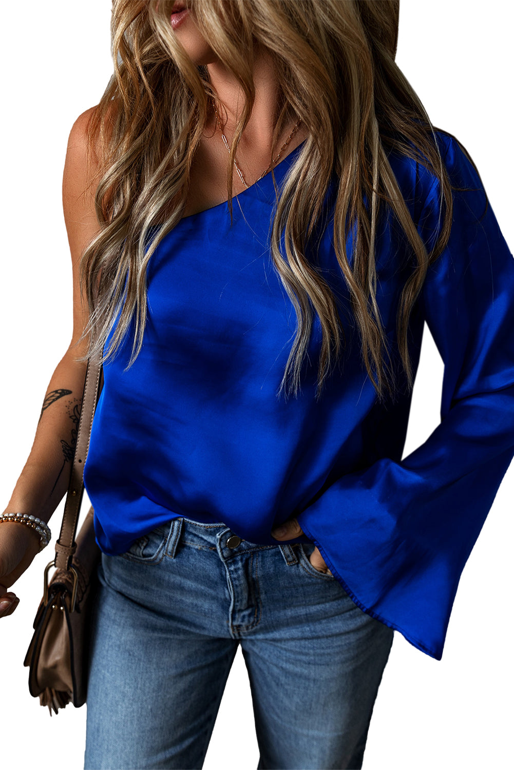 Royal Blue Asymmetric Bell Sleeve Satin Blouse