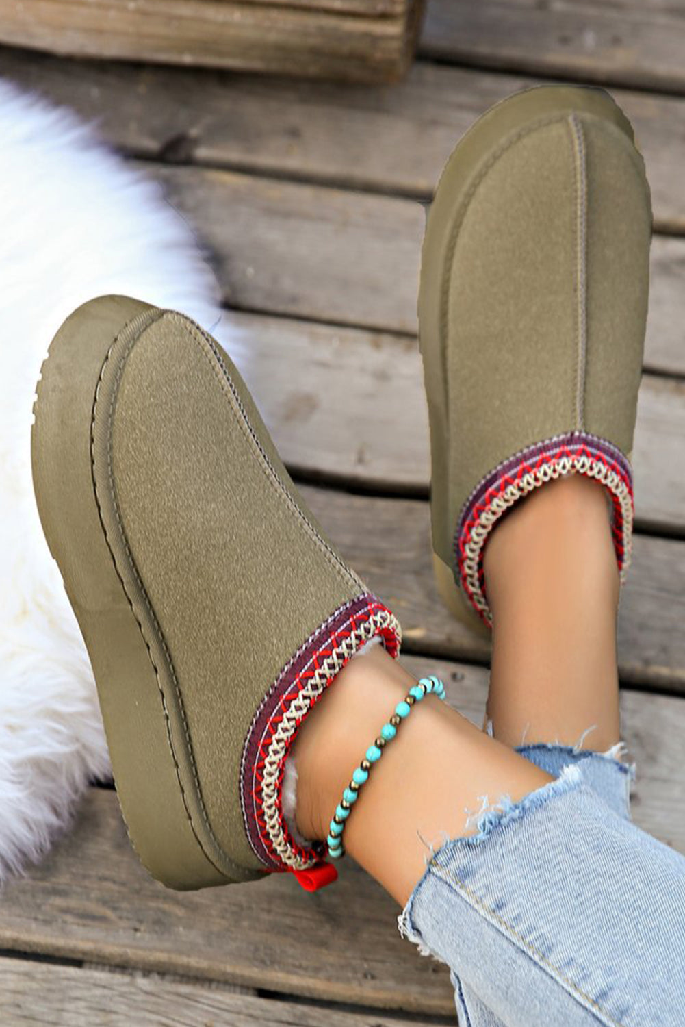 Suede Fur Trim Thick Flat Slippers