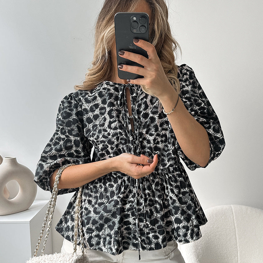 Leopard Lace-up Bubble Sleeve Blouse