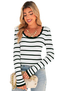 B&W Scalloped Edge Neck Striped Long Sleeve Sweater Black white 100%Viscose Shewin Sweaters