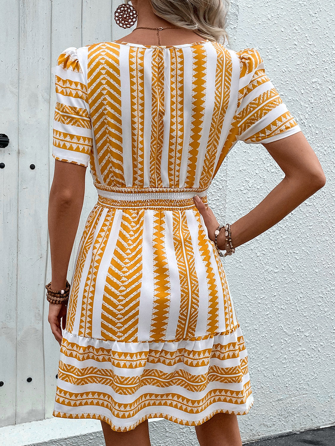 Gold Geometric Notched Short Sleeve Mini Dress