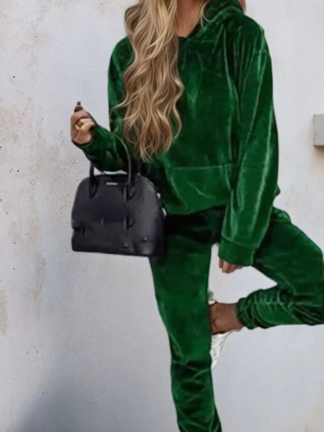 Velvet Long Sleeve Hoodie and Pants Set Green Bazaare Mart Velvet Long Sleeve Hoodie and Pants Set