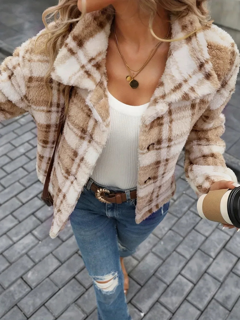 Furry Camel Plaid Button Up Crop Jacket
