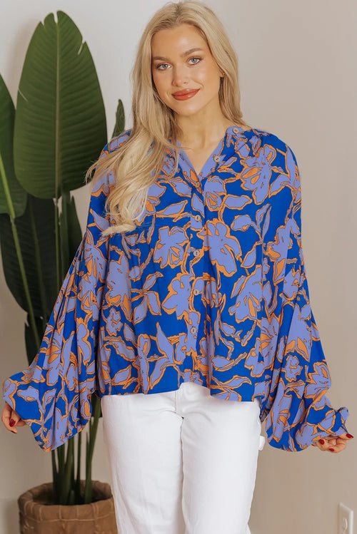 Blue Floral Print Batwing Sleeve Buttoned Loose Fit Shirt Blue 100%Viscose Bazaare Mart Tops/Blouses & Shirts