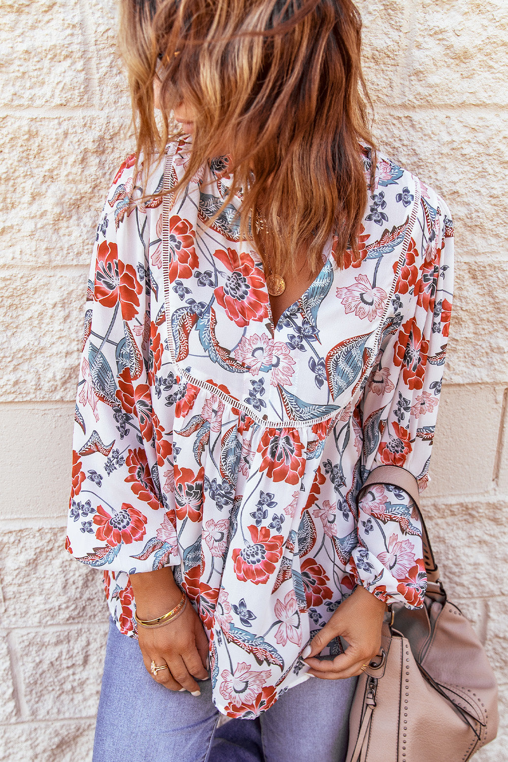 Red, White, and Blue Floral V-Neck long Sleeve Blouse 