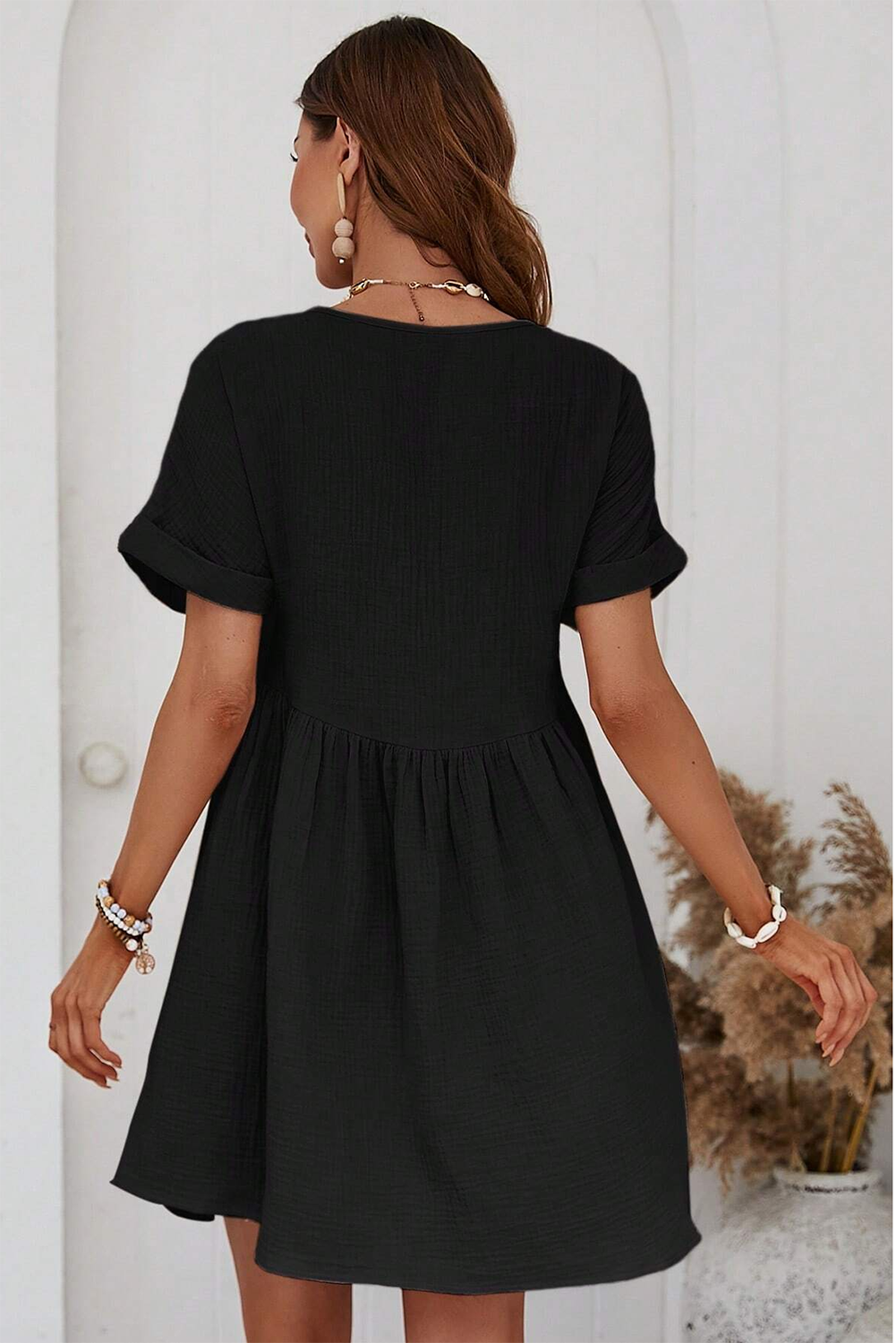 Black Short Sleeve V Neck Mini Dress