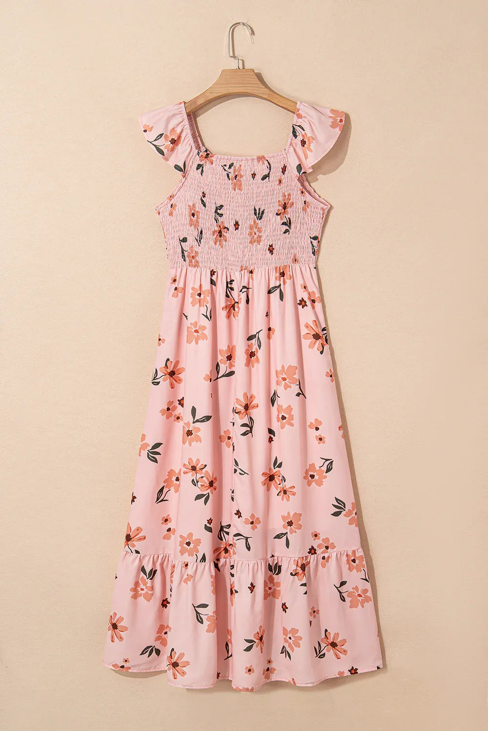 Pink Floral V Neck Smocked High Waist Ruffle Hem Maxi Dress Shewin Maxi Dresses