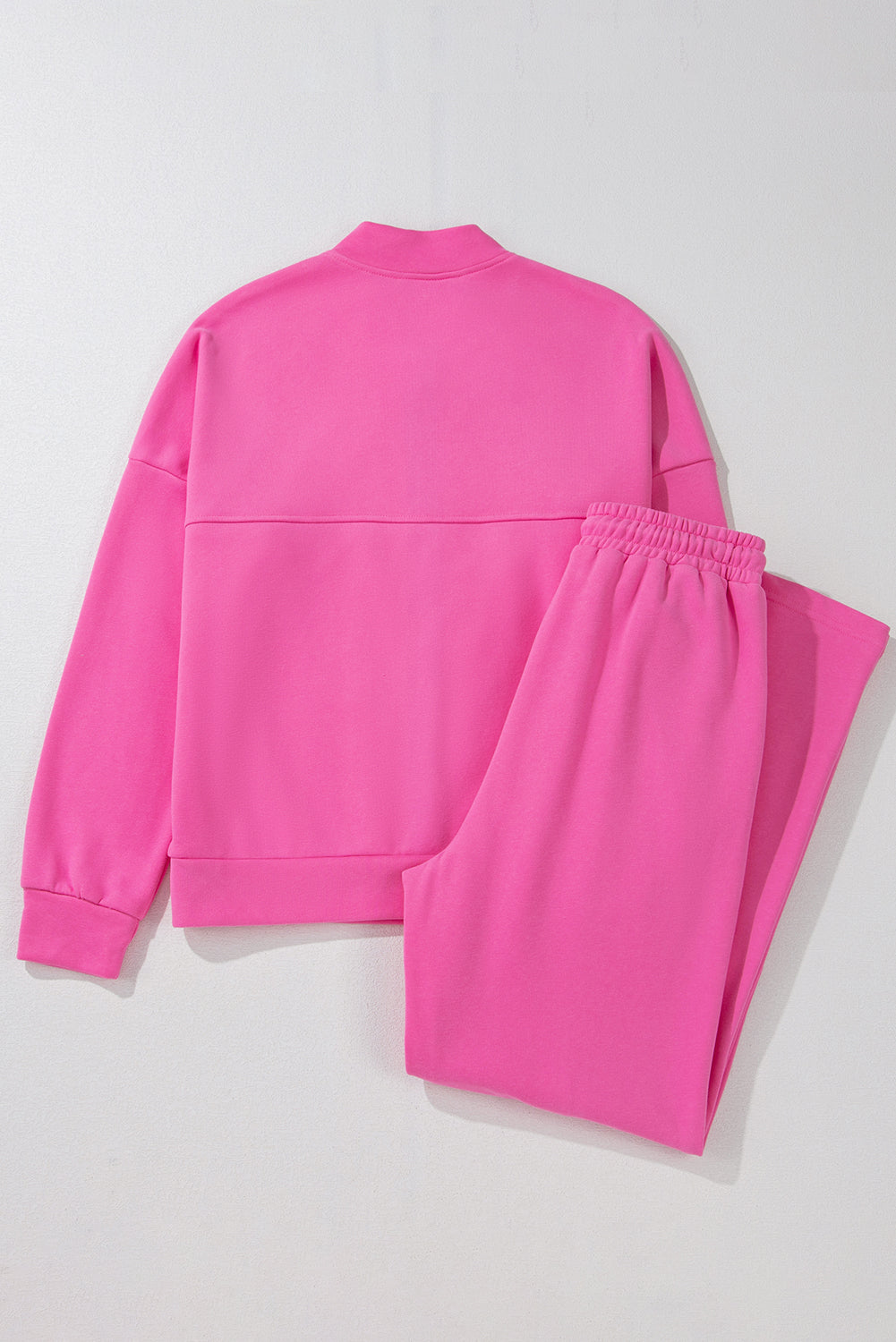 Bright Pink Solid Seamed Zipper Drawstring Waist Pants Set