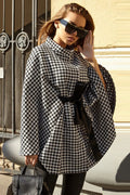 Houndstooth Tie Waist Trench Coat Plaid One Size Bazaare Mart Houndstooth Tie Waist Trench Coat
