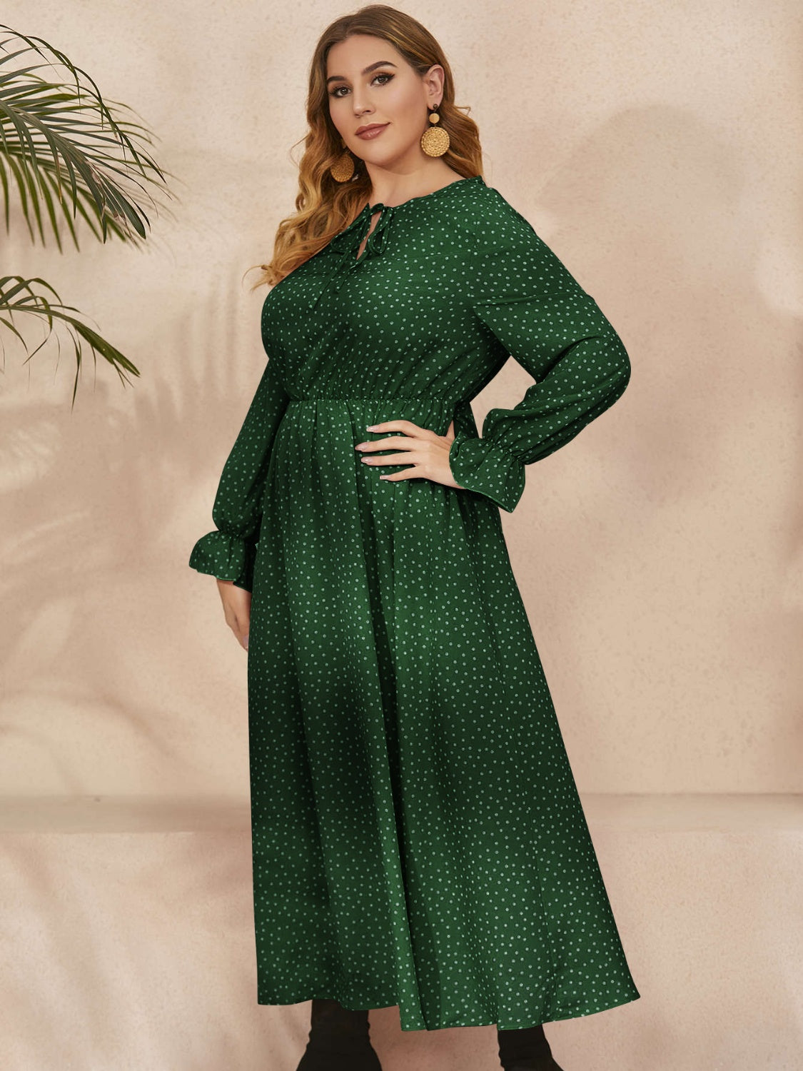 Fall Ruffled Polka Dot Long Sleeve Midi Dress