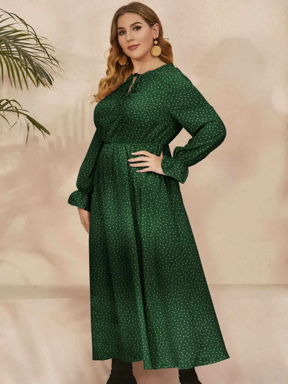Ruffled Polka Dot Long Sleeve Midi Dress Bazarre Mart Long Sleeve Polka Dot Dress