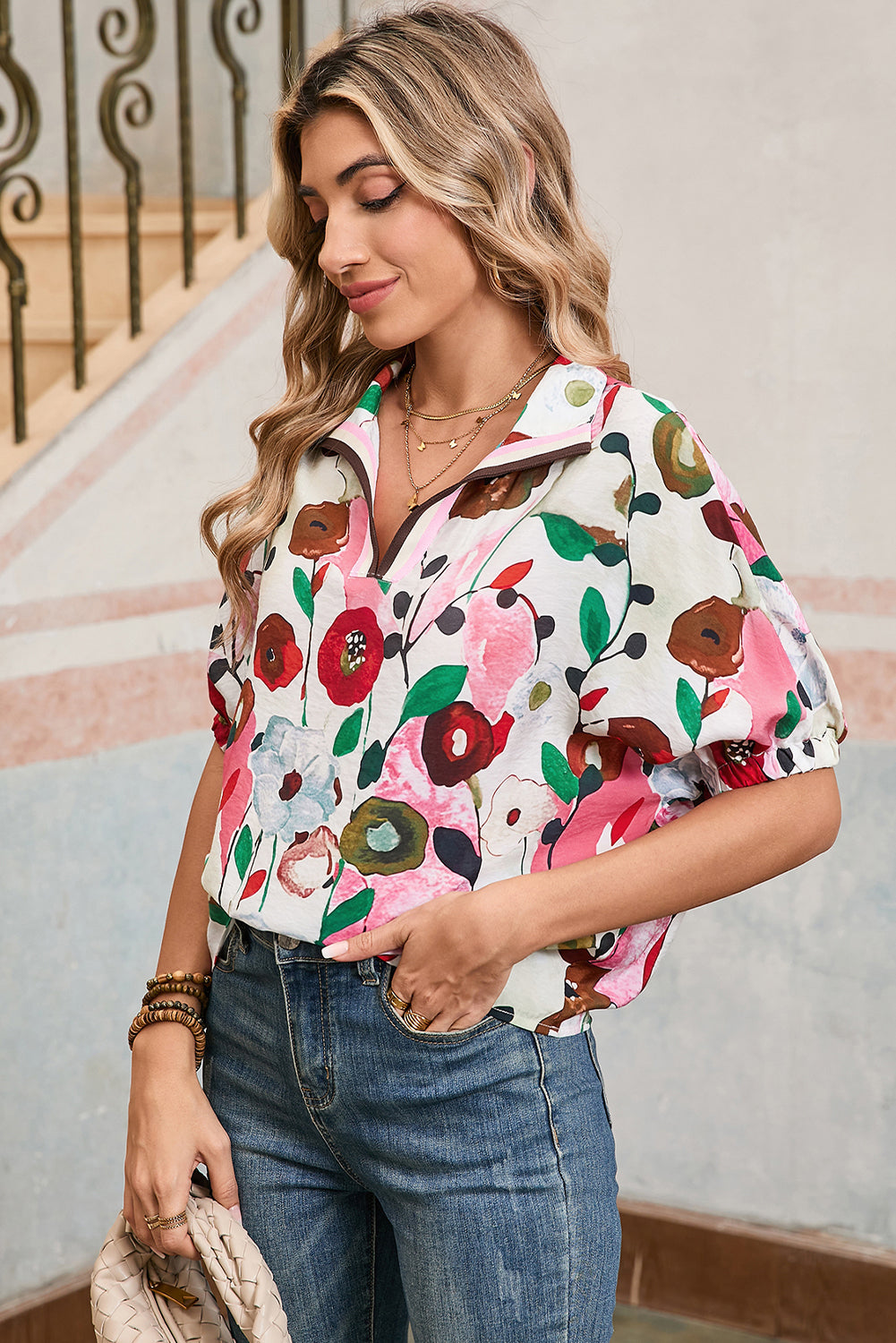 Colorful Floral Print Boho Pop of Color Neckline Blouse Shewin Blouses