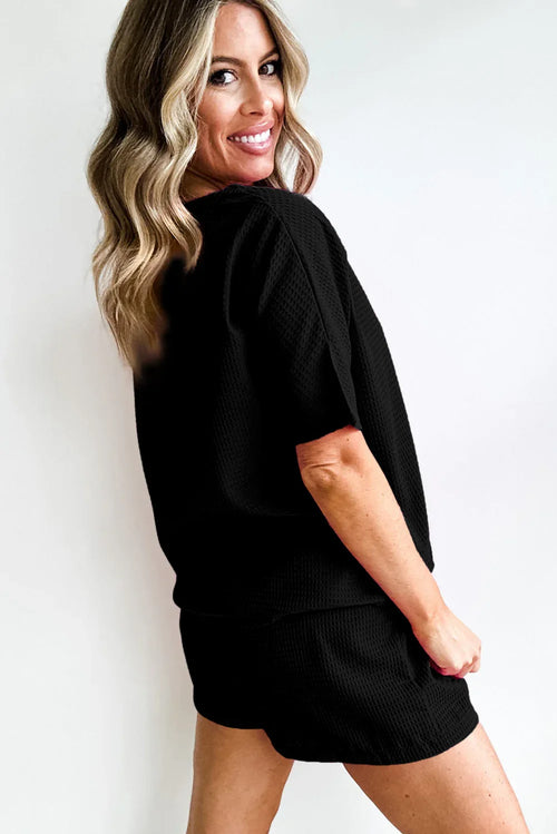 Black Casual Textured Tee and Drawstring Shorts Set Dear-Lover Dropshipping Two Piece Sets/Short Sets