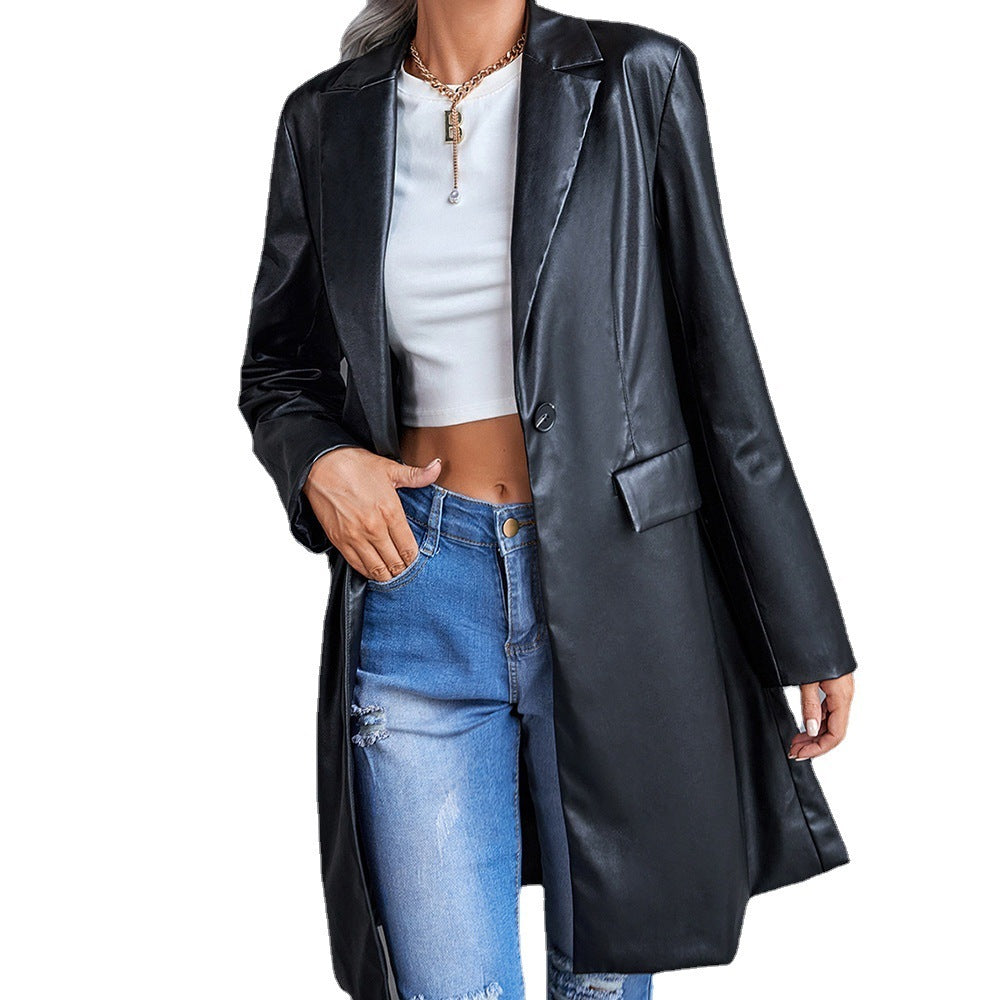 Black PU Leather One Button Coat