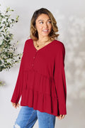 Double Take Half Button Long Sleeve Ruffle Hem Blouse Burgundy Trendsi Half Button Long Sleeve Ruffle Hem Top