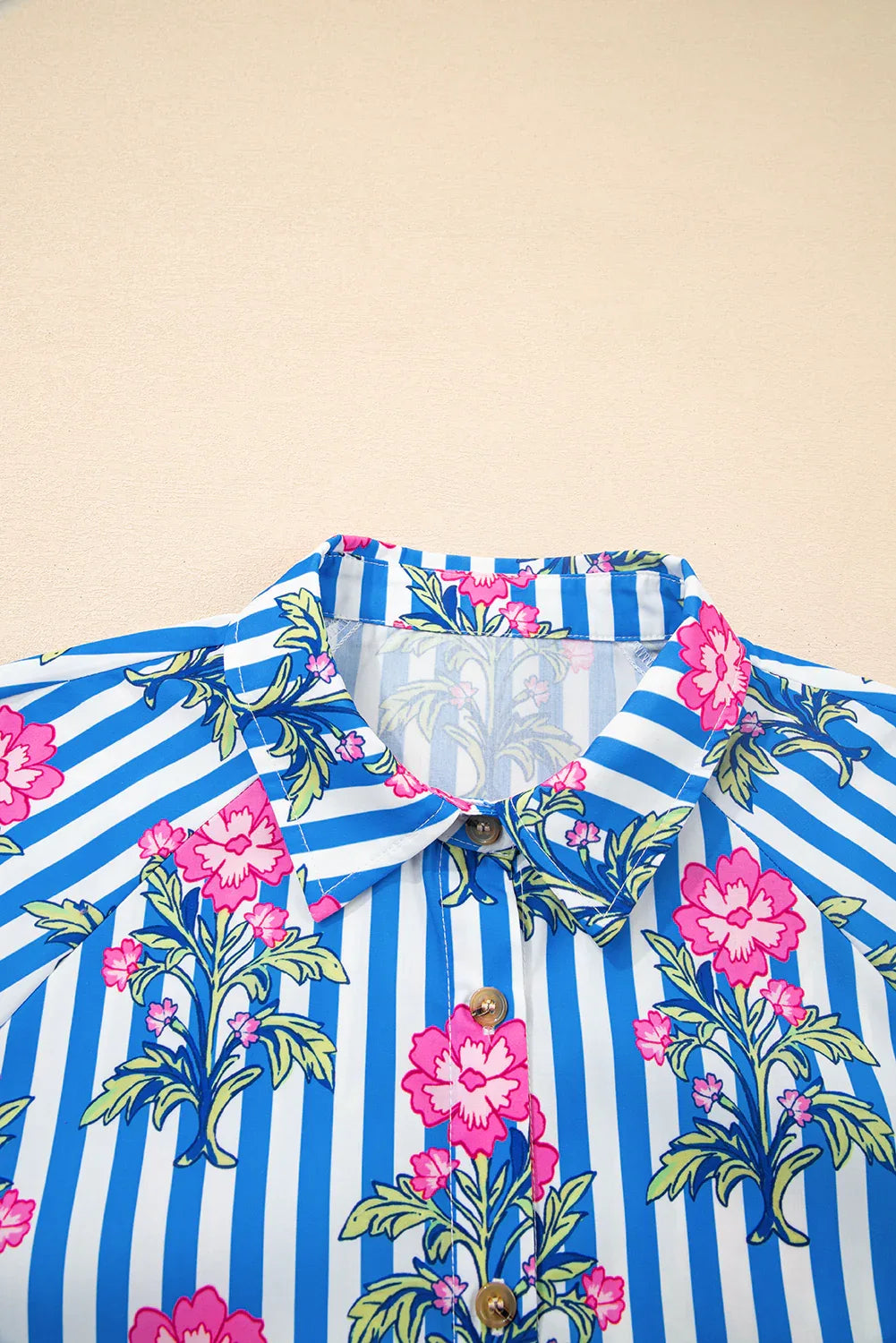Blue Striped Floral Print Buttoned Cuffs Loose Fit Shirt Bazaare Mart Tops/Blouses & Shirts