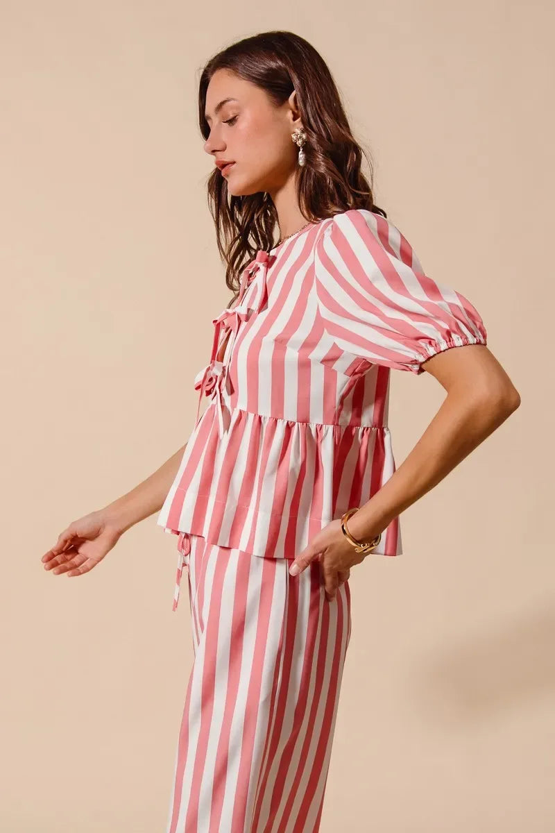 Pink Striped Pants Set Trendsi Front Tie Stripe Top With Puff Sleeves and Pants
