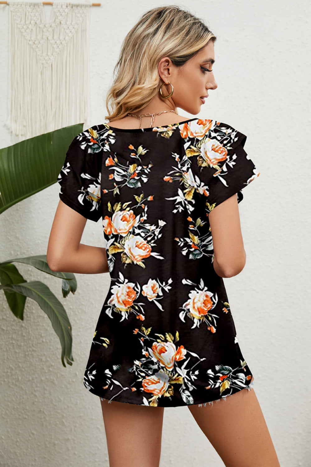 Floral V-Neck Short Sleeve Blouse