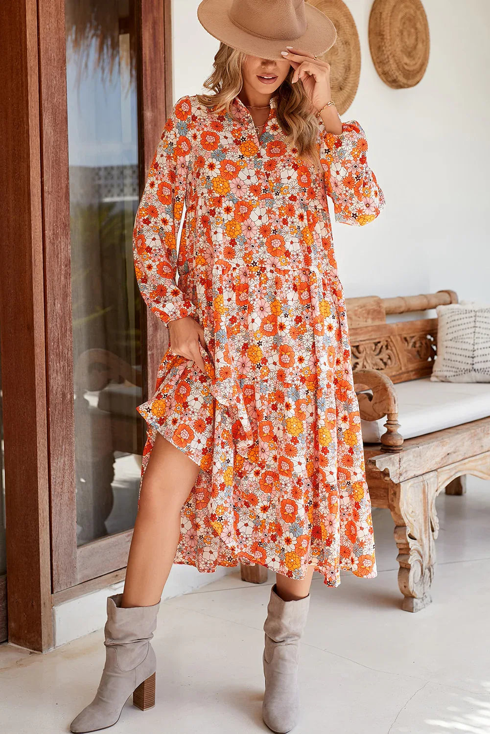Orange Floral Collared Long Sleeve Dress Shewin 30% OFF