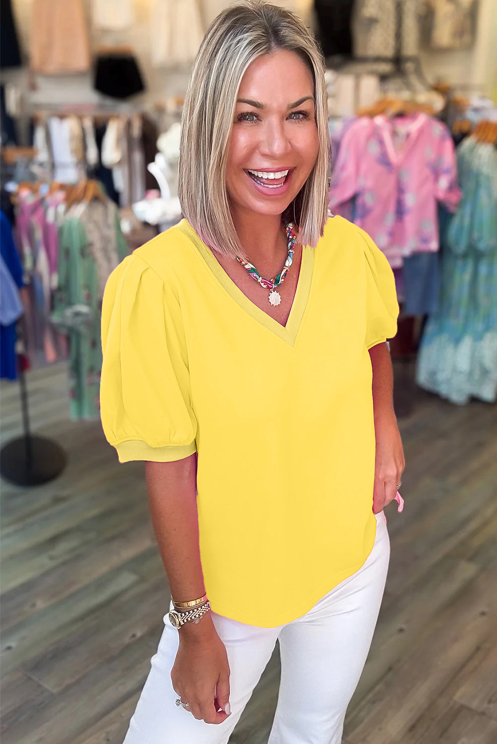 Yellow Solid Color V Neck Short Puff Sleeve Blouse Dear-Lover Dropshipping Tops/Blouses & Shirts