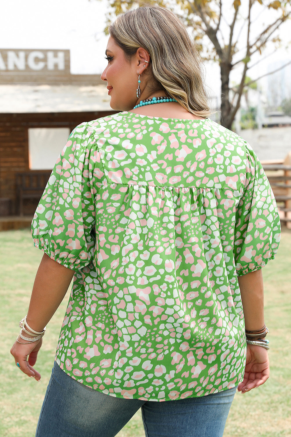 Green Plus Size Tassel Tie Split Neck Puff Sleeve Blouse Dear-Lover Dropshipping Plus Size/Plus Size Tops/Plus Size Blouses & Shirts