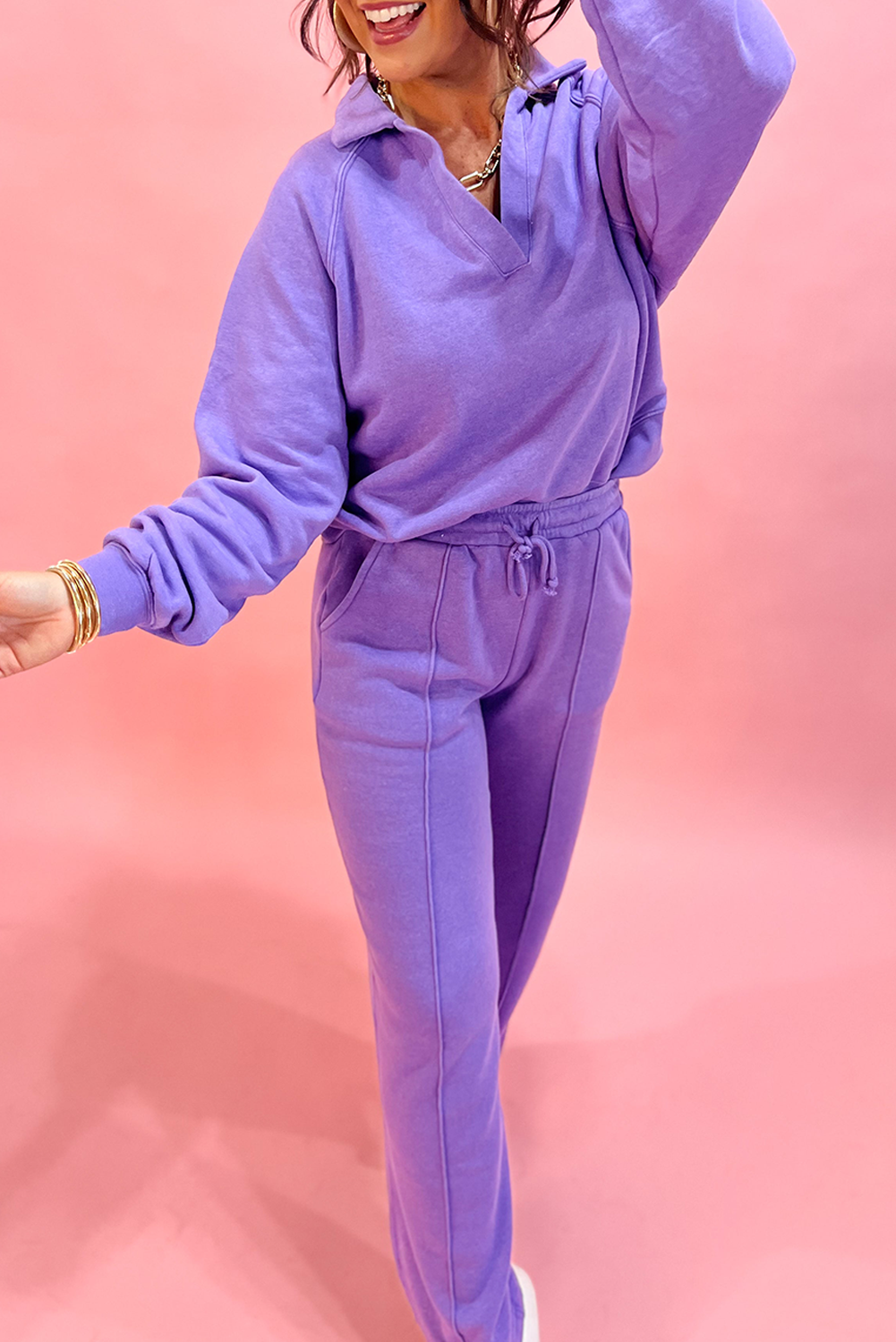 Wisteria Solid Color Collared Pullover and Central Seam Pants Set Wisteria 65%Polyester+35%Cotton Dear-Lover Dropshipping Two Piece Sets/Pant Sets