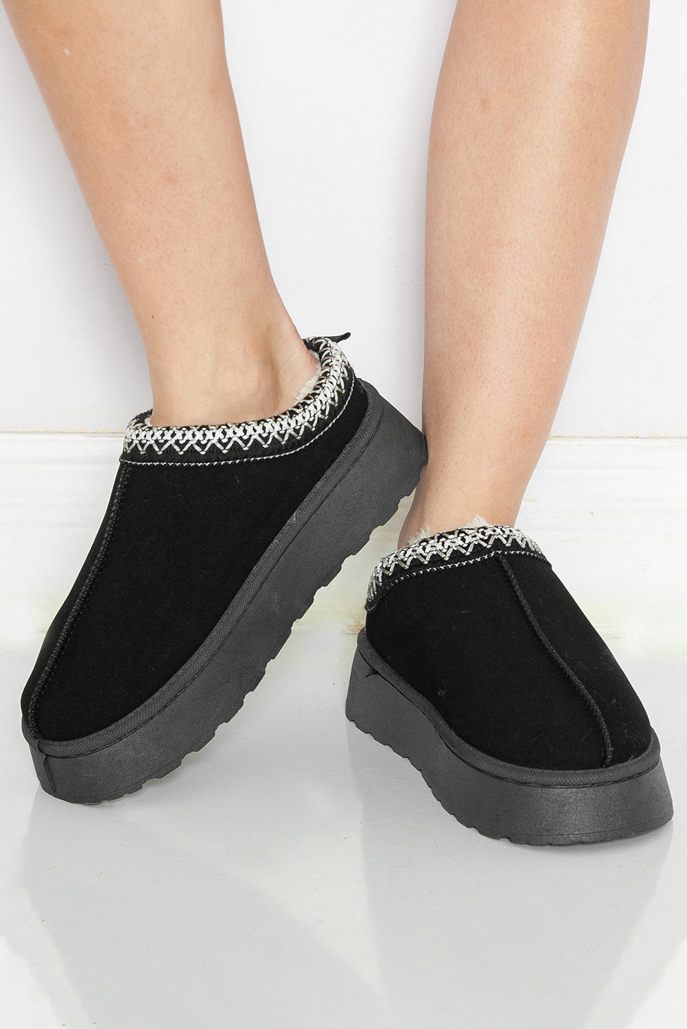 Suede Fur Trim Thick Flat Slippers