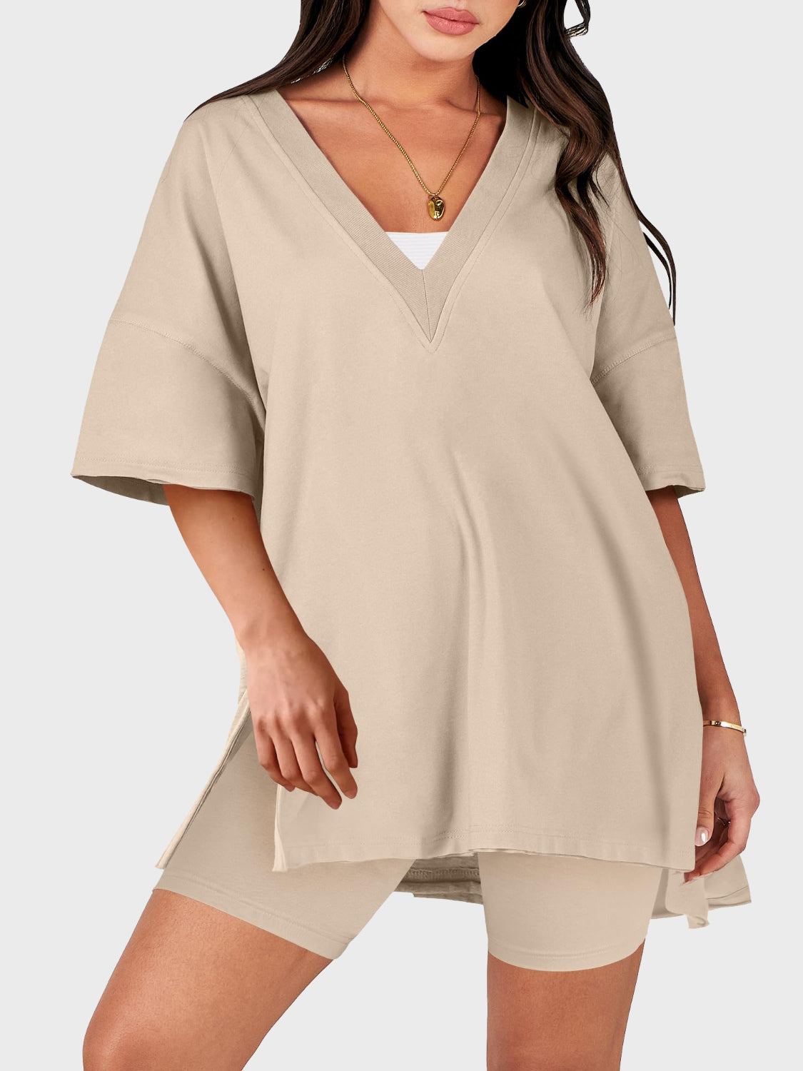 Khaki Over Sized V-Neck Top and Shorts Set