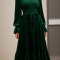 Green Velvet Square Neck Ruffled Long Sleeve Midi Dress Dark Green Bazaare Mart Green Velvet Square Neck Ruffled Long Sleeve Midi Dress