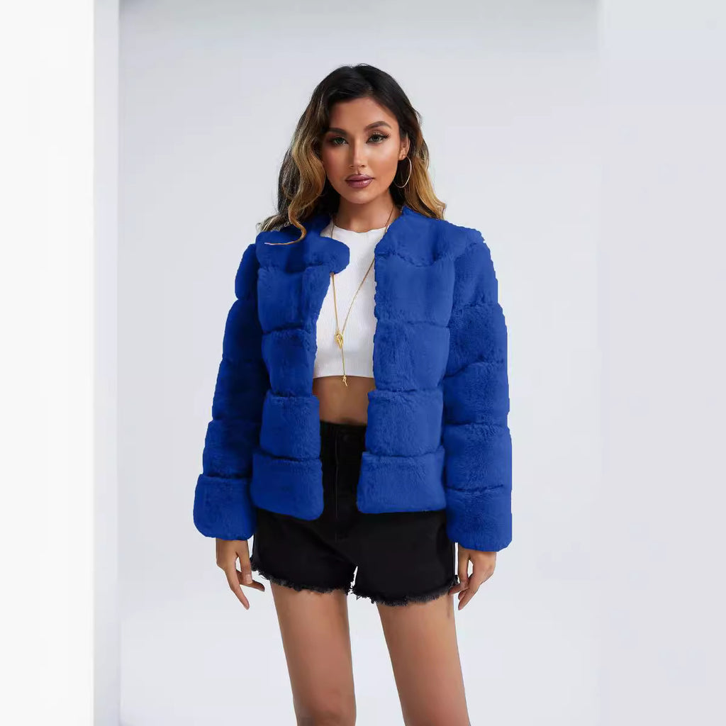 Blue Women's Horizontal Stitching Artificial Fox Fur