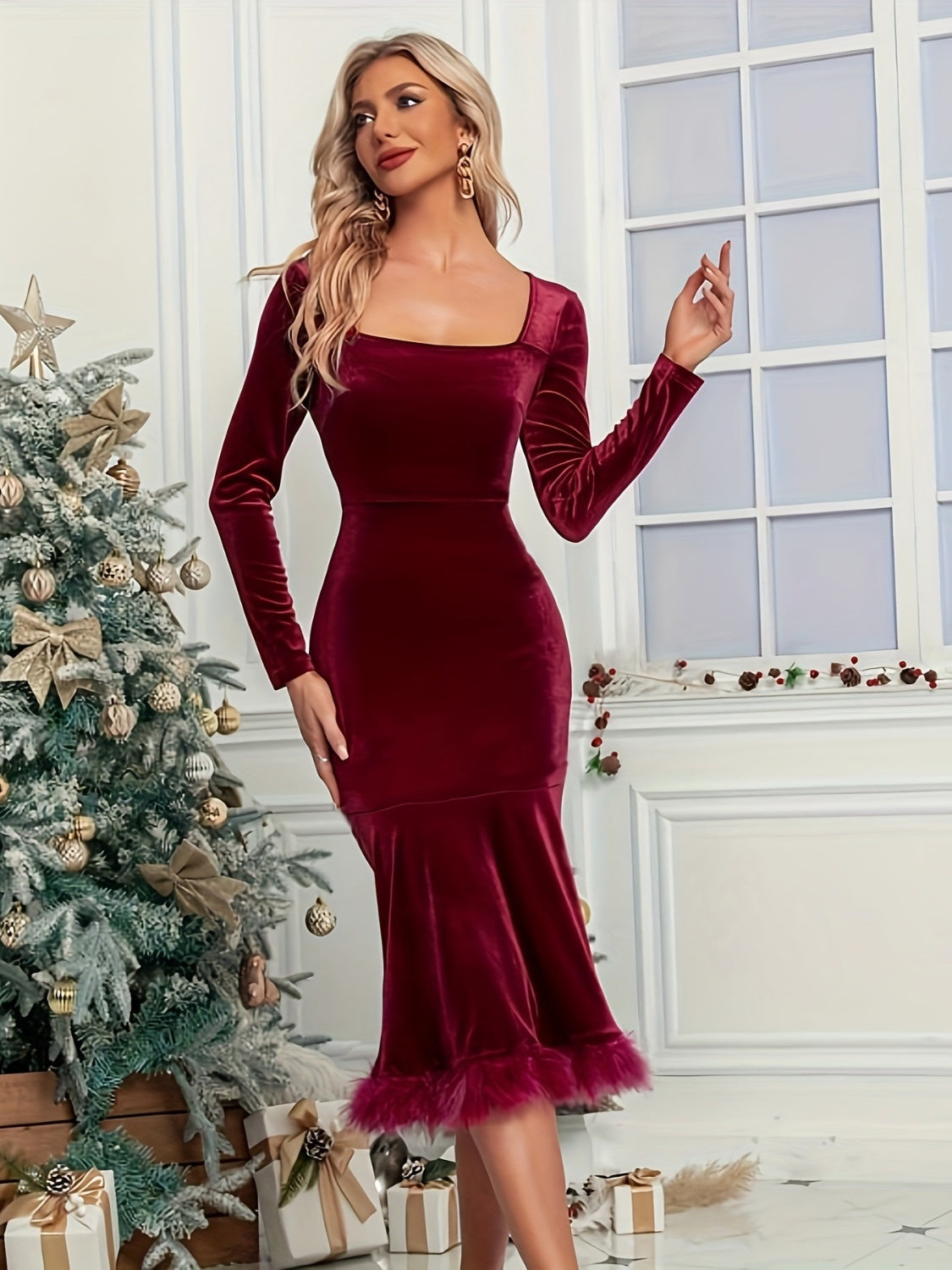 Feather Hem Square Neck Long Sleeve Velvet Dress